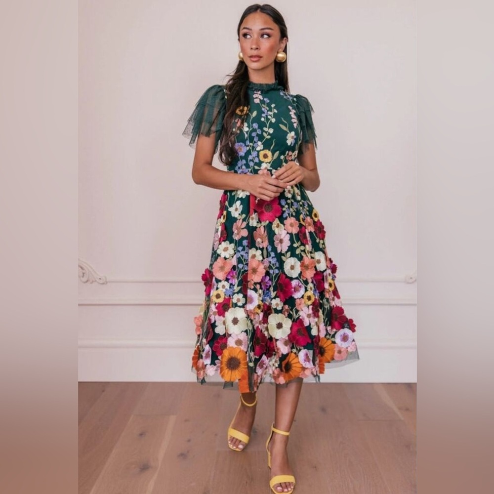 JessaKae Green Floral Dress with Tulle Sleeves